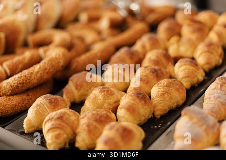 In einer Bäckerei werden verschiedene frisch gebackene Gebäckstücke auf einem Tablett serviert. Weiche Croissants und Brötchen glitzern unter dem warmen Licht und laden zum Genießen ein Stockfoto