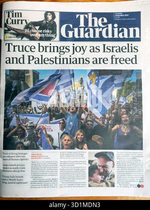 "Waffenstillstand bringt Freude, da Israelis und Palästinenser befreit sind" titelt die Zeitung Guardian am 14. Oktober 2025 London Großbritannien Stockfoto