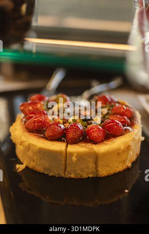 Ein wunderschön gefertigter Käsekuchen sitzt auf einem schwarzen Teller, der mit leuchtenden roten Erdbeeren und bunten Nüssen geschmückt ist. Dieses Dessert wird in A präsentiert Stockfoto