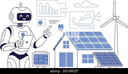 Illustration für ein intelligentes Zuhause mit Roboter, Solarpaneelen, Windkraftanlage und Datenschnittstelle für KI-, Energie- und nachhaltige Technologie-Themen Stock Vektor