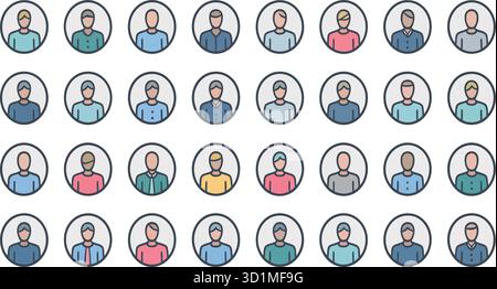 Avatar-Symbol-Set mit 35 verschiedenen Gesichtern im Cartoon-Stil mit verschiedenen Frisuren, Kleidung und Ausdrücken für Benutzerprofil und Benutzeroberfläche Stock Vektor