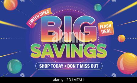 Werbebanner mit fettgedrucktem Text, Flash-Tags für Angebote und lebendigem Hintergrund für Marketing-, Einzelhandels- und E-Commerce-Design Stock Vektor
