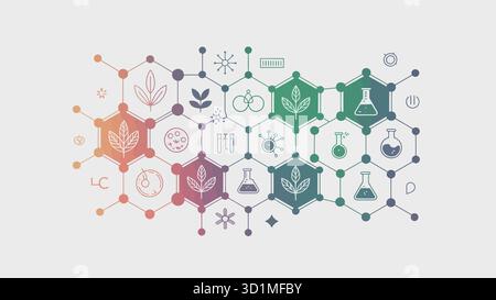 Bienenwabenillustration mit Wissenschafts- und Natursymbolen einschließlich DNA, Kolben, Blatt und Atom für Biotechnologie, Forschung und Umwelt Stock Vektor
