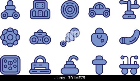 Set mit 16 farbenfrohen Illustrationen von Rasseln, Schnullern, Autos und Stapelspielzeug für Eltern, Kinderbetreuung und Design-Themen Stock Vektor