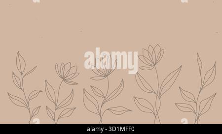 Illustration mit floralen Linien und fünf minimalen Blumen mit Blättern in Schwarz auf beigefarbenem Hintergrund für Dekor, Schreibwaren und Design-Themen Stock Vektor