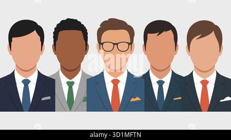 Business-Kleidung Charakter Illustration mit fünf gesichtslosen männlichen Figuren in Anzügen und Krawatten mit verschiedenen Farben und Accessoires in minimalem Vektorstil Stock Vektor