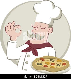 Retro-Illustration eines italienischen Kochs mit Pizza. Stock Vektor