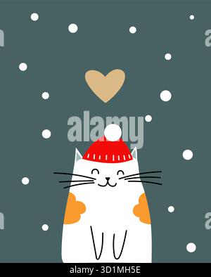 Glückliche weiße Katze mit orangefarbenen Flecken, die einen roten Winterhut und ein goldenes Herz darüber trägt. Stock Vektor