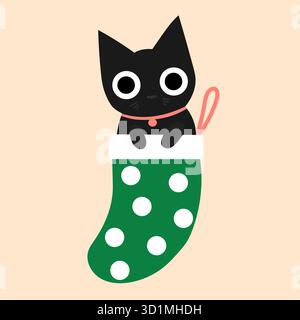 Schwarze Katze mit großen Augen, die in einem grünen Weihnachtsstrumpf mit weißen Punkten sitzt. Stock Vektor