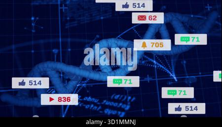 Anzeige des DNA-Doppelhelix-Modells, das über der digitalen Schnittstelle schwimmt, mit Benachrichtigungsschildern Stockfoto