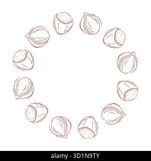 Kreisförmiger Rahmen mit Haselnuss auf weißem Hintergrund in einer Illustration im Linienart-Stil. Stock Vektor