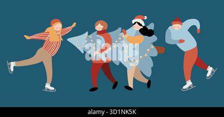 Eine Reihe von Vektorillustrationen von Weihnachtsleuten. Ein Mann und eine Frau laufen Schlittschuhlaufen und ein Junge und ein Mädchen tragen einen Weihnachtsbaum. Winterlicher flacher Clipart isoliert auf einem dunkelblauen Hintergrund Stock Vektor