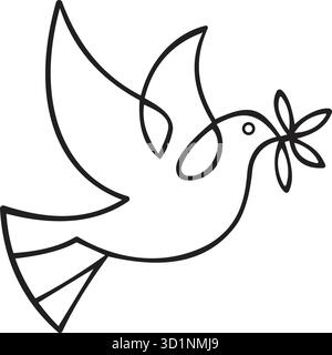 Das Bild zeigt eine stilisierte Taube im Flug, die sich durch ihr minimalistisches Design auszeichnet. Die Taube hält einen Olivenzweig im Schnabel und symbolisiert Frieden A Stock Vektor
