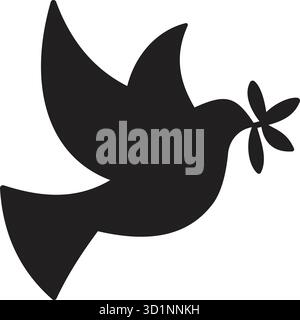 Das Bild zeigt eine stilisierte Silhouette einer Taube im Flug, die einen Olivenzweig im Schnabel hält. Diese ikonische Darstellung symbolisiert Frieden, Hoffnung, A Stock Vektor