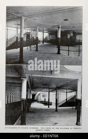 EIN BEISPIEL FÜR DIE INNENAUSSTATTUNG DER STATION. ZWEI AUSBLICKE AUF DEN BAHNSTEIG IN DER ACHTUNDZWANZIGSTEN STRASSE. Aus dem Artikel DER NEW YORKER S-BAHN. Von H. C. Fyfe. Vom Engineering Magazine gewidmet dem industriellen Fortschritt Band XXVII April - September 1904 The Engineering Magazine Co Stockfoto