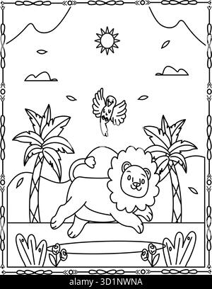 Niedliche Löwen-Malseite. Cartoon Dschungel Animal Line Art Illustration für Kinder und Erwachsene. Stock Vektor