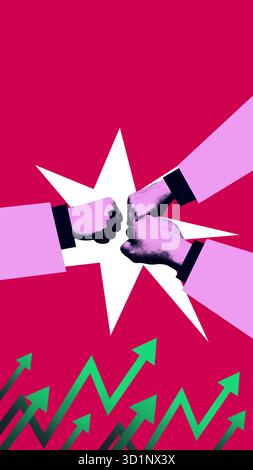 Buntes Poster. Faustschlag von drei Händen in Fotokopiertextur auf magentafarbenem Hintergrund Stockfoto