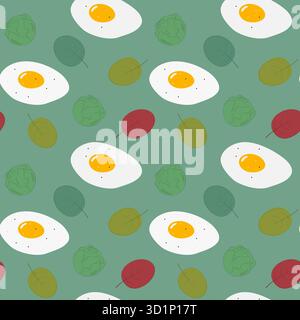 Salat Blätter Brüssel Sprout und gebratenes Ei nahtlose Muster gesunde Lebensmittel minimalistische flache Design Idee. Isolierte Vektor-Illustration gesunde Lebensmittel verwandte Inhalte Hintergrund Rezept Menü Karten, Broschüre, Tag Stock Vektor