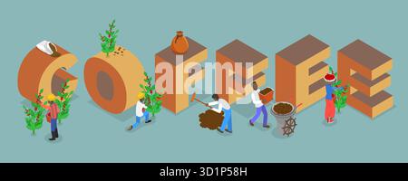 Isometrische 3D-Illustration von Kaffeebannern, Produktionsprozess und Verarbeitung Stockfoto