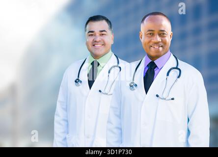 Afroamerikanische und hispanische männliche Ärzte vor dem Krankenhausgebäude Stockfoto