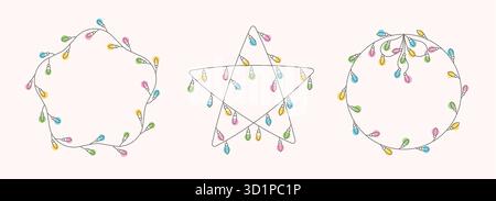 Glühlampengirlande in leuchtenden Farben. Weihnachten, Neujahr, Geburtstag Licht Festoon dekorative Rahmen Set für Karte, Banner. Stock Vektor