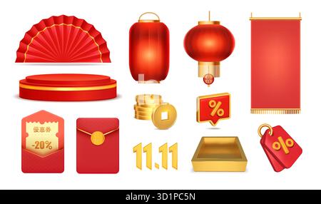Elements-Kollektion mit roten Laternen, Münzen, Fans Podiumsplätze, Coupons und Tags in realistischem Stil Stock Vektor