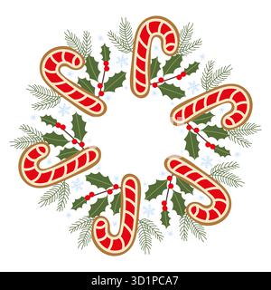 Ein wunderschönes Kranzdesign zeigt rote und weiße Bonbons, umgeben von grünen stechpalmenblättern, roten Beeren und Schneeflocken. Perfekt zum Dekorieren von du Stock Vektor