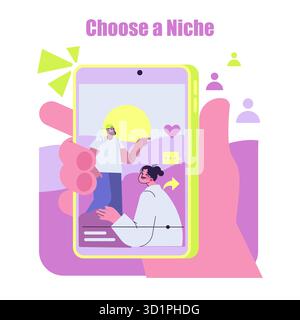 Vektorillustration mit einer Hand, die ein Smartphone hält und zwei Personen zeigt, die sich mit Social-Media-Symbolen unterhalten, und dem Satz „Wählen Sie eine Nische“. Helle Farben und minimalistisches Design. Stock Vektor