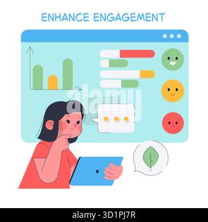Vektorillustration einer Person, die eine digitale Schnittstelle mit Diagrammen und Smiley-Symbolen analysiert, die verschiedene Emotionen zeigen. Die Person scheint fokussiert zu sein und hält ein Tablet, während sie mit Daten interagiert. Stock Vektor