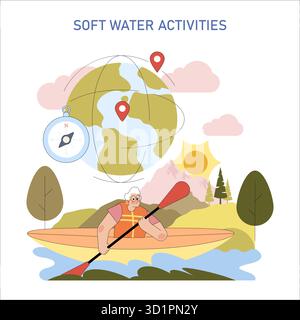 Farbenfrohe Vektor-Illustration einer Person, die mit einem Paddel, einem Globus, einem Kompass und Positionsnadeln Kajak fährt, die Navigation und ein globales Abenteuer symbolisieren. Ideal für Freizeitaktivitäten mit weichem Wasser. Stock Vektor