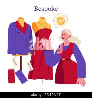 Vektor-Illustration einer Frau, die maßgeschneiderte Kleidung mit zwei Schaufensterpuppen diskutiert. Das Bild konzentriert sich auf handgefertigtes Kleidungsdesign mit Jacke und Kleid, die als maßgeschneiderte Artikel markiert sind. Stock Vektor