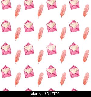 Nahtloses Aquarellmuster eines Liebesbriefes in Pink mit Stift. Romantische Illustration. Stockfoto