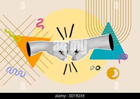 Collage von Frauen- und Männerfäusten, die sich auf einem gelben Kreis auf einem beigefarbenen Hintergrund mit geometrischen Formen treffen Stockfoto