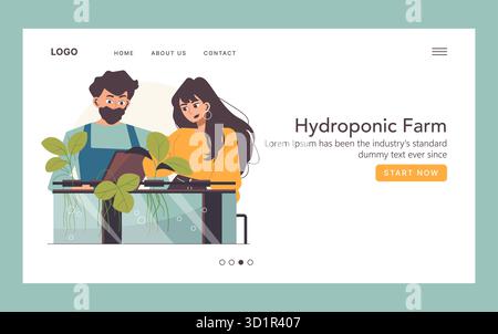 Vektor-Illustration von zwei Personen, die sich auf ihr hydroponisches Farm-Projekt fokussiert haben. Sie analysieren Pflanzenwachstum und -Technologie und stellen Teamarbeit und Innovation in der städtischen Landwirtschaft dar. Stock Vektor