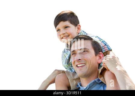 Vater und Sohn spielen Piggyback isoliert auf einem weißen Hintergrund. Stockfoto