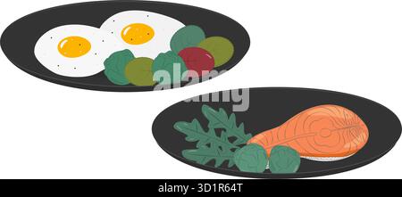Spiegeleier mit Rosenkohl und Salat mit Lachssteak mit Arugula und Kohl gesundes Essen. Isolierte Vektor-Illustration Lebensmittel Poster Aufkleber Icon oder Promo Banner, Faltblätter, Etikett, Preisschild Stock Vektor