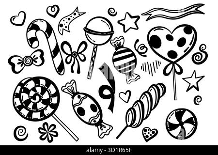 Doodle Süßigkeiten Set. Süßigkeiten, Schokoladenbonbons, Lakritze, Lutscher. Handgezeichnete Zeichnung. Stock Vektor
