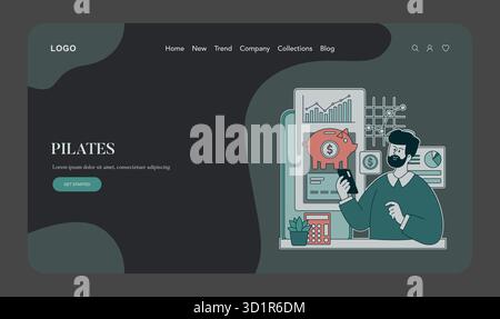 Die Vektorabbildung zeigt einen Mann, der Finanzdaten auf einem Bildschirm analysiert. Das Bild enthält eine Sparkasse, Diagramme und Diagramme, die den Schwerpunkt auf Finanzwachstum und -Planung veranschaulichen. Stock Vektor
