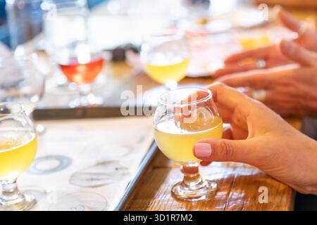 Weibliche Hand hält ein Glas Micro Brew Bier in der Bar Stockfoto