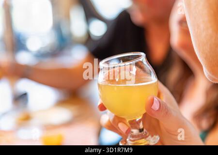 Weibliche Hand hält ein Glas Micro Brew Bier in der Bar Stockfoto