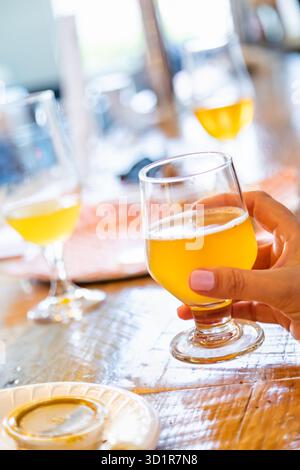 Weibliche Hand hält ein Glas Micro Brew Bier in der Bar Stockfoto