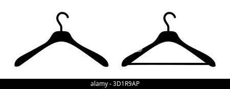 Kleiderbügel Symbolsatz. Schlichte Piktogrammkollektion mit schwarzer Silhouette in Garderobe. Wäscheständer, Servicesymbol. Trockenreinigung, Bekleidungsgeschäft Stock Vektor