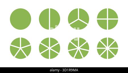 Kreisteilung von 1 bis 8 gleichen Teilen. Coaching leeres Modell. Radrunddiagramme von einem bis acht Segmenten. Satz Infografik flach Stock Vektor
