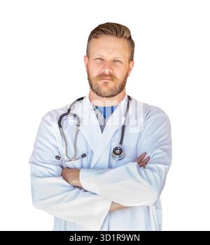 Gutaussehender junger Erwachsener männlicher Doktor mit Bart isoliert auf weißem Hintergrund Stockfoto
