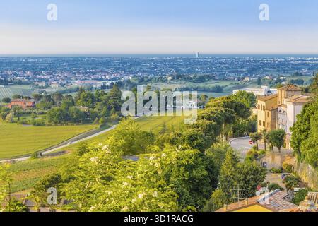Der entspannende Blick auf die Oliven- und Pfirsichfelder der hügeligen Landschaft der Emilia Romagna in Italien, die Adria am Horizont Stockfoto