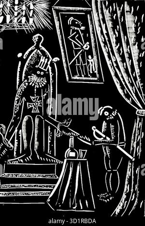 Max Jiménez - der Flea Tamer - 1936 - das Bild ist eine schwarz-weiße Holzschnitt-Illustration des Costa-ricanischen Künstlers Max Jiménez mit dem Titel „El domador de pulgas“ (der Flea Tamer). Das Kunstwerk zeigt eine Szene mit zwei Figuren in einem Raum mit schweren Vorhängen und einem gerahmten Bild an der Wand - Hauptfigur: Eine große, königsähnliche Figur mit Krone und Bart sitzt auf einem kunstvollen Thron. Er hat große, runde Augen und trägt einen dekorierten Mantel. Er hält einen langen, dünnen Stock, möglicherweise eine Peitsche oder ein Zepter, der sich in Richtung der kleineren Figur erstreckt - Sekundärfigur: Eine kleinere, bärtige Figur steht. Stockfoto