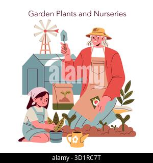 Gartenvektor-Illustration, die Pflanzen für Erwachsene und Kinder darstellt. Die Szene umfasst ein Gewächshaus und verschiedene Gartenwerkzeuge, die Teamarbeit und Bildung im Gartenbau betonen. Stock Vektor