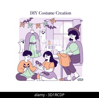 Eine Familie arbeitet zu Hause an DIY Halloween Kostümen mit Nähmaschinen und Bastelbedarf zusammen. Die Szene wird durch festliche Dekorationen verstärkt, die Kreativität und Teamwork in dieser Vektorillustration zum Ausdruck bringen. Stock Vektor