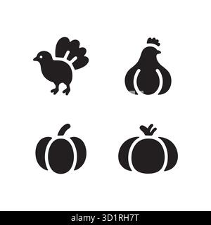 Schwarz Weiß Thanksgiving Silhouetten Minimalistisches Erntefest Vektor-Grafikset. Stock Vektor