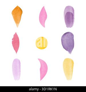 Ein Raster aus neun Aquarellformen in verschiedenen Farben. Die Formen ähneln Blütenblättern, Pinselstrichen und abstrakten Formen, die auf einem sauberen, weißen Hintergrund dargestellt werden. Stock Vektor